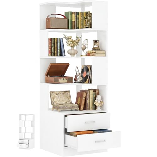 Armocity Corner Bookshelf with Drawers, 7 Tier Corner Book Shelf Display Bookcase, Freestanding L Shaped Bookshelf for Bedroom, Living Room, Home Office, White - color: White, size: 7 Tier(2 Drawers + 5 Shelves)