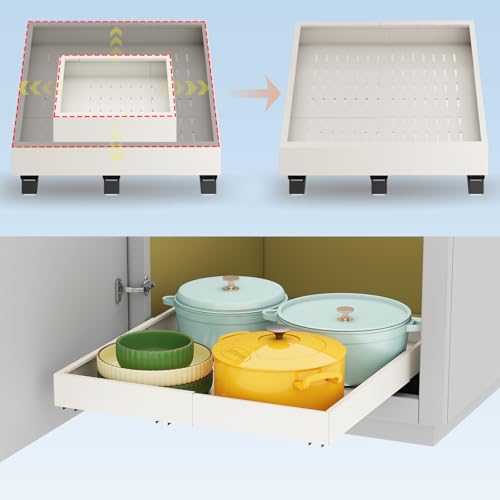 Pull out Cabinet Organizer,Expandable Width(16"-21"),Depth(13"-17") with 3 Rails,Roll out Drawers,No Drill Adjustable Slide out Shelves for Kitchen,Pantry,for Both Lip and Lip-Free Cabinets,White(1PC) - color: White, size: (16"W-21"W)X(13"D-17"D)