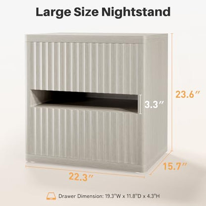 Dripex Fluted Nightstand Set of 2, 22'' Wide Night Stand with 2 Large Drawers, Mid Century Modern Wood Bedside Table with Open Shelf, Large Bed Side End Table for Bedroom, Gray Oak - color: Gray Oak