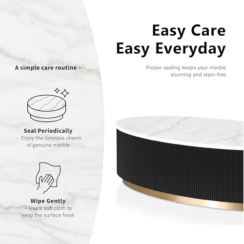 Furniture of America Beryl Modern Oval White Genuine Marble Top Coffee Table with Fluted Pedestal Base and Gold Stainless Steel Accent, Low Profile Table for Living Room, Home Office, Black - size: Coffee table, style: Oval