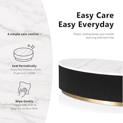 Furniture of America Beryl Modern Oval White Genuine Marble Top Coffee Table with Fluted Pedestal Base and Gold Stainless Steel Accent, Low Profile Table for Living Room, Home Office, Black - size: Coffee table, style: Oval