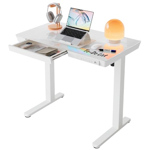 HUANUO Glass Standing Desk with Drawers, 35 X 20 Inch Electric Adjustable Height Desk, Quick Install One-Piece Tabletop with USB Charging Ports, White - color: White, size: 35*20 Inch