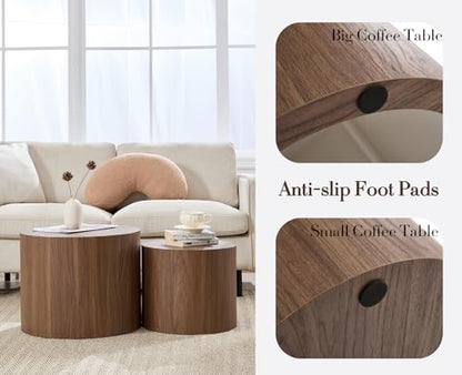 EALSON Nesting Coffee Tables Set of 2 Farmhouse Small Round End Tables Modern Wood Circle Side Table Drum Table for Living Room Small Spaces Bedroom Balcony, No Assembly, Walnut - color: Walnut