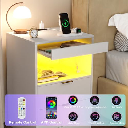 Gadroad LED Nightstand with Charging Station, Bedside Table with USB Ports & Power Outlets, Modern Night Stand with Drawers for Bedroom Small Spaces, White - color: White