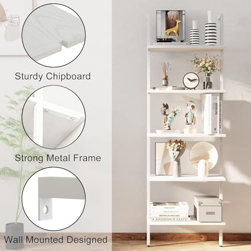 aboxoo Ladder Shelf White Wooden Bookshelf 5-Tier Wall-Mounted Open Wood Rack Industrial Modern Plant Flower Stand Utility Organizer Bookcase Metal Frame Furniture Office Kitchen Bedroom - color: White Wood 5-tier, size: 1PC