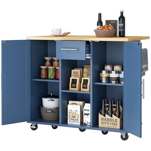 JY QAQA 42" Kitchen Island with Storage on Wheels, Rolling Table with Drop Leaf, Drawers, Cart Handle for Towel Rack or Free Movement, Blue - color: Blue