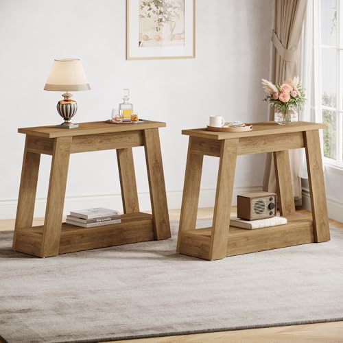 Tribesigns Wood End Table, Small Side Table with 2 Storage Shelves, Rustic Accent Narrow Nightstand for Living Room, Bedroom (2, Light Brown) - color: Light Brown