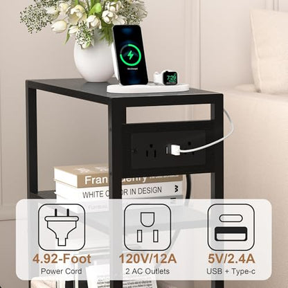 Small Narrow Side Table with Charging Station, Skinny End Table for Small Spaces, Slim Nightstand with Outlets, Sofa Bedside Table in Living Room, Bedroom, Study, Kitchen and Balcony(Black) - color: Black