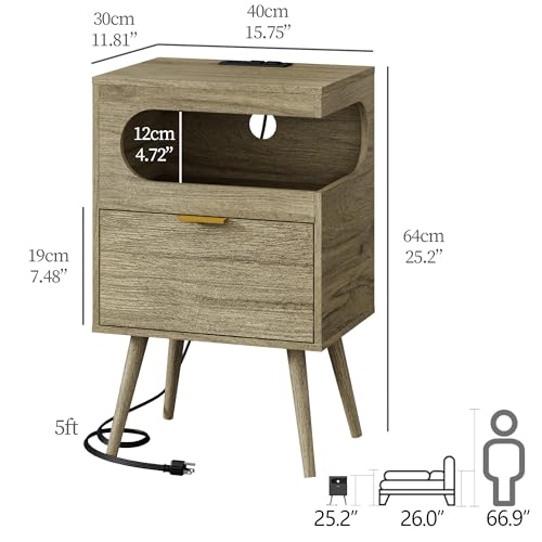 Veegle Nightstand,Modern Bedside Table with Storage Drawer and Open Wood Shelf, Accent Night Stand with Solid Wood Legs for Living Room, Bedroom and Small Spaces,Easy Assembly (Grey Oak-1) - color: Grey Oak-1