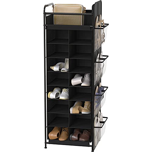 Simple Houseware 16 Cube Shoe Stand Tower Rack 8 Tier with Top Shelf and Side Hanging Pockets, Black - color: Black