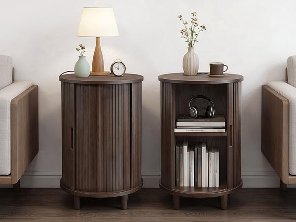 DHH End Table Set of 2 with Storage & Charging Station, Fluted Accent Side Table with Sliding Door & Adjustable Shelf, Mid-Century Nightstand for Small Spaces, Living Room, Bedroom(2, Dark Walnut) - color: Dark Walnut