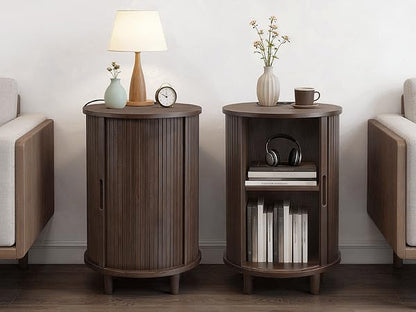 DHH End Table Set of 2 with Storage & Charging Station, Fluted Accent Side Table with Sliding Door & Adjustable Shelf, Mid-Century Nightstand for Small Spaces, Living Room, Bedroom(2, Dark Walnut) - color: Dark Walnut