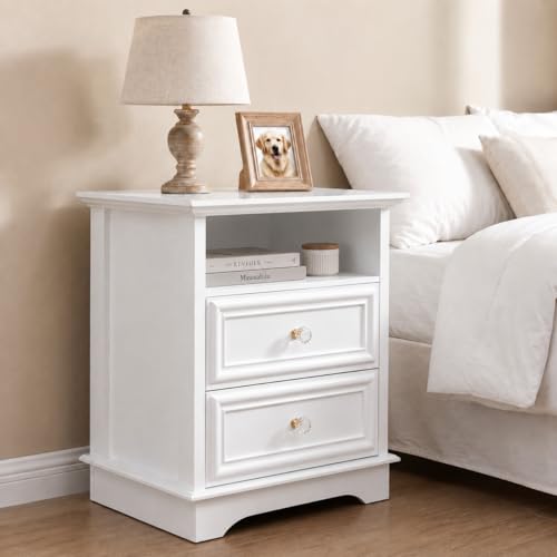 Brafab Bedside Table Set of 2 with Hidden Drawer, 25" Tall | White Night Stands with 2 Drawers and Open Shelf, Classic Wood Night Stands with Secret Storage for Bedroom, Guest Room - color: White