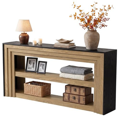 Tribesigns 63" Long Console Table, Farmhouse 3-Tier Entryway Table with Storage, Narrow Wooden Sofa Table Behind Couch, Living Room, Hallway, Foyer, Brown & Black