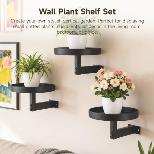 OMISTAR 3 Pack Wall Plant Holders for Indoor Plants, 5.9 Inch Metal Floating Shelves with Round Trays, Wall Mounted Plant Stands for Small Pots, Black