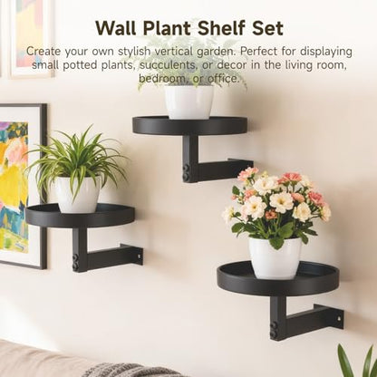 OMISTAR 3 Pack Wall Plant Holders for Indoor Plants, 5.9 Inch Metal Floating Shelves with Round Trays, Wall Mounted Plant Stands for Small Pots, Black
