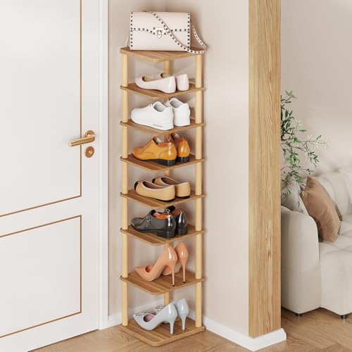 8 Tiers Vertical Shoe Rack, Tall Narrow Shoe Tower Corner Shoe Rack, Walnut | Small Shoe Organizer for Entryway, Closet, Dorm & Small Spaces, Freestanding Wooden Shoe Shelf for Boots, Sneakers, Heels. - color: Walnut