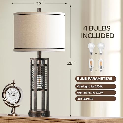 28'' Farmhouse Industrial Table Lamp Set of 2 - Rustic Bedside Nightstand Lamps with Dual USB A+C Ports, Bronze Metal Mesh Nightlight Desk Lamps for Bedroom Living Room, 4 LED Bulbs Included - color: Bronze-Set of 2