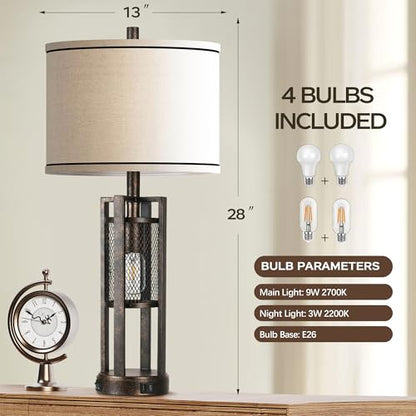 28'' Farmhouse Industrial Table Lamp Set of 2 - Rustic Bedside Nightstand Lamps with Dual USB A+C Ports, Bronze Metal Mesh Nightlight Desk Lamps for Bedroom Living Room, 4 LED Bulbs Included - color: Bronze-Set of 2