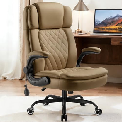 450 LBS Big and Tall Executive Office Chair with Flip up Arm, Heavy Duty Leather Computer Desk Chair,Comfortable High Back Swivel Home Office Chair with Rolling for Adults (Yellow) - color: Yellow