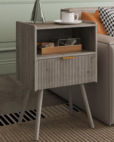 Veegle Nightstand,Modern Bedside Table with Storage Drawer and Open Wood Shelf, Accent Night Stand with Solid Wood Legs for Living Room, Bedroom and Small Spaces,Easy Assembly (Grey Oak) - color: Grey Oak