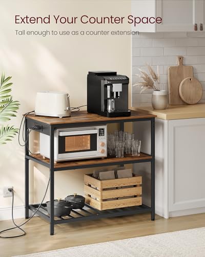 VASAGLE Kitchen Island with 3 Shelves, 39.4 Inches Width Kitchen Shelf with Power Strip, Large Worktop, Stable Steel Structure, Industrial, Easy to Assemble, Rustic Brown and Black UKKI105K01 - color: Rustic Brown + Black, size: 39.4"W x 34.9"H, style: wi