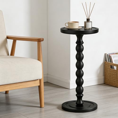Small Round Side Table for Small Spaces | Wood Pedestal Drink Table & Narrow End Table for Living Room Couch, Modern Bedside Nightstand for Bedroom & Nursery（Ebony） - color: Ebony