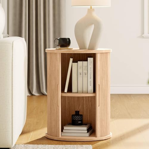 LINSY HOME Round End Table, Fluted Side Table with Sliding Tambour Door and Storage Shelf, Mid Century Modern Circular Nightstand for Bedroom, Wood Boho Tall Bedside Cabinet for Small Space, Oak - color: Oak
