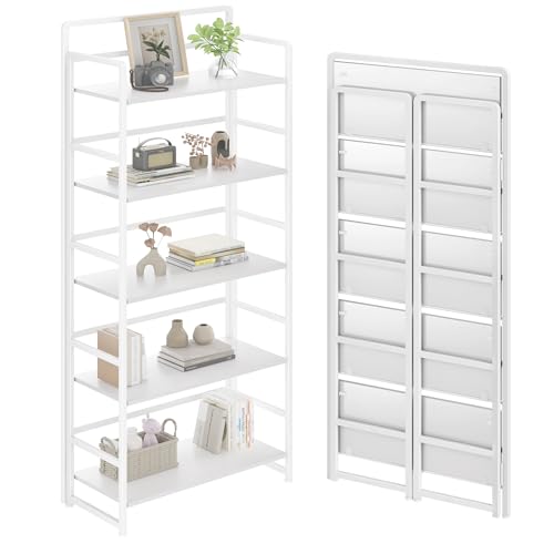 Folding Bookshelf 5 Tiers,No Assembly,Vintage Wood Bookcase Storage,White | 65.7''H Vintage Wood Collapsible Portable Bookcase,Foldable Storage Rack,Organizer for Living Room, Bedroom, Home Office - color: White, size: 5-tier
