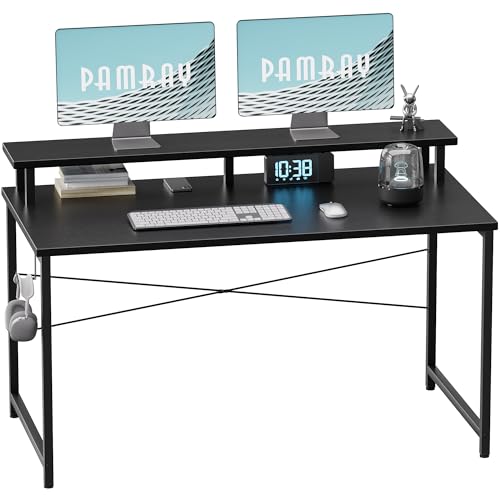 Pamray 47 Inch Small Computer Desk with Monitor Stand, Simple Office Desk with Headphone Hook for Small Spaces, Kids Study Writing Table for Bedroom, Black - color: Black, size: 47 Inch