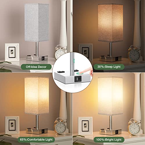 Light Grey Touch Lamps Set for Bedroom - Dimmable, USB C+A, 2 AC Outlets | 3-Way Dimming, 3000K LED Bulbs Included, Light Grey Lampshade Silver Base, Small Bedside Lamp for Nightstand, Desk, Dorm - color: Gray-Silver