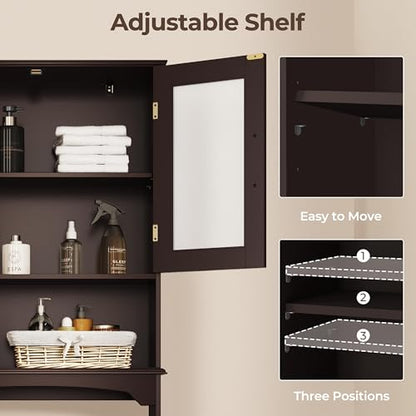 Yaheetech Over The Toilet Storage Cabinet, Free Standing Toilet Rack with Adjustable Shelves and Tempered Glass Doors for Bathroom Washroom, Espresso - color: Espresso