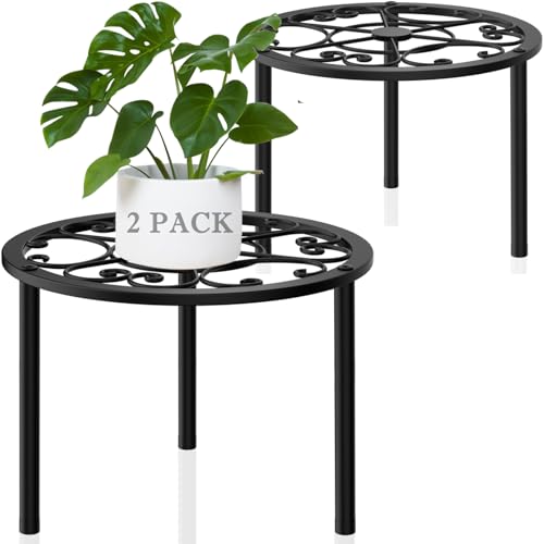 TOSKING 2-Pack Heavy Duty Metal Plant Stand Holds 120 lbs - 10.2" Classic Scroll Pattern Round Stand for Medium to Large Pots, Adjustable Feet & Rustproof Finish, Indoor/Outdoor, Black (10.2"D x 7.9"H) - color: flower (black), size: 10.2"Dia-2PC
