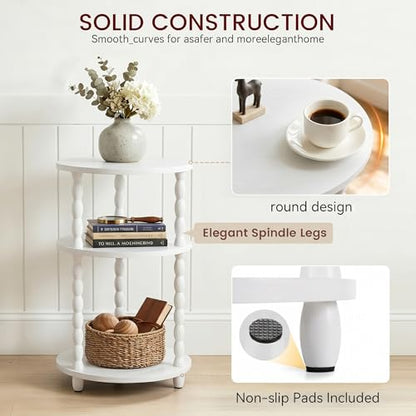 Small Round Side Table, 3-Tier Solid Wood End Table with Storage Shelf, Modern Bedside Tables Night Stand for Living Room, Bedroom, College Dorm, Small Space (White) - color: White