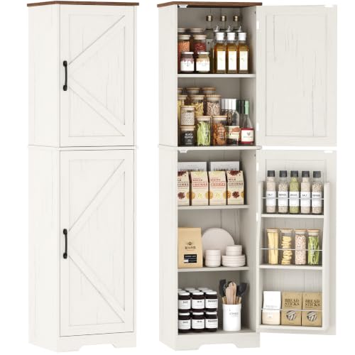Function Home Farmhouse Kitchen Pantry Cabinet, 64" Tall Slim Bathroom Storage Cabinet, 5 Tier Wooden Floor Cabinets with Barn Doors and Adjustable Shelves for Dining Room Living Room, Antique White - color: Antique White, size: 15.8"Wx11.81"Dx64"H