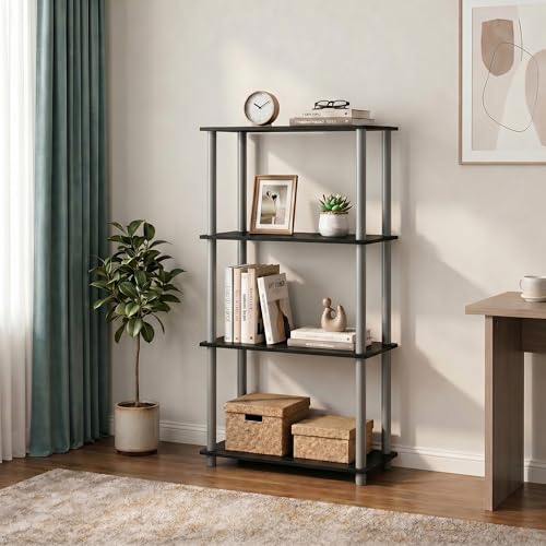 Furinno Turn-N-Tube Storage Shelves, 4-Tier Book Shelf, Corner Shelf, Toolless Open Shelves, for Organization and Storage, Living Room, Bedroom, Entryway, Laundry, Black - color: Black/Grey, size: 4-Tier
