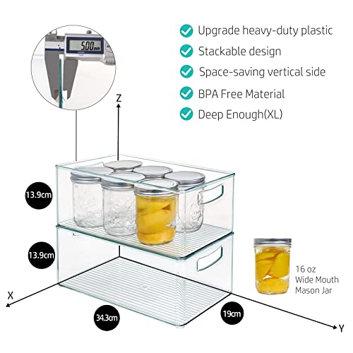 Hudgan 8 PACK Stackable Pantry Organizer Bins (3 Size) - Clear Fridge Organizer for Kitchen, Freezer, Refrigerator, Cabinet - Plastic Storage Container with Handle for Home - size: 2 XL + 2 L + 4 S