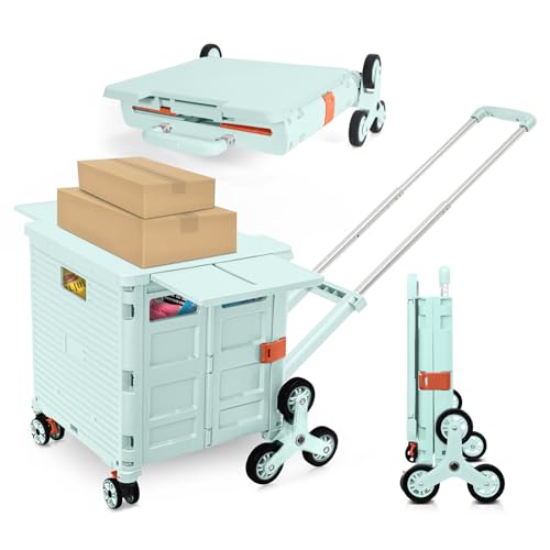 Foldable Utility Cart with Stair Climbing Wheels,Collapsible Rolling Crate with Magnetic Lid Telescopic Cover,Adjustable Telescoping Handle,360° Rotate Wheel Hand Cart for Teacher Shopping Moving - color: Green, size: Stair Climber Adjustable Handle