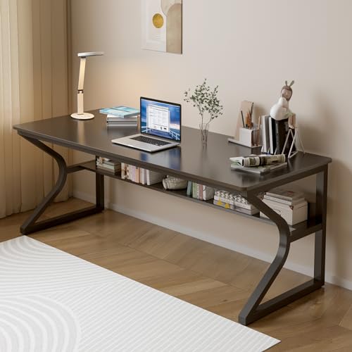 OSCHF 63-Inch Extra Long Desk with Storage Shelf, Black | Double Long Writing Table, Space-saving, 2-Person Workstation, Modern Study Work Computer Desk, For Home Office - color: Black, size: 63x23.6 inch