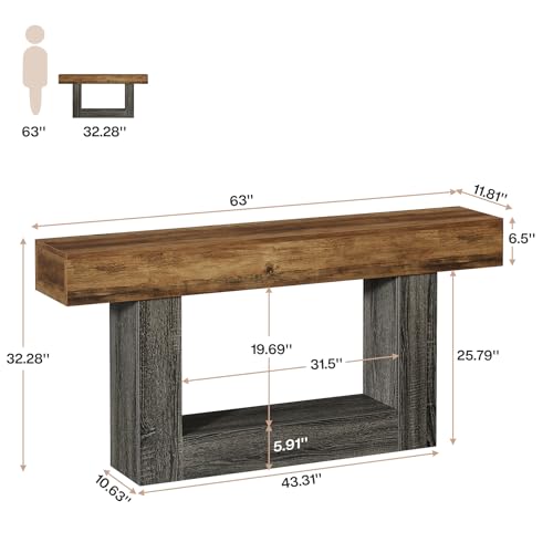 Tribesigns 63-Inch Long Console Table, 2-Tier Entryway Table Sofa Table with Storage, Farmhouse Wood Behind Couch Tables for Living Room, Hallway, Rustic Brown & Gray - color: Rustic Brown & Gray