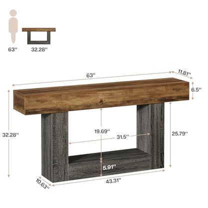 Tribesigns 63-Inch Long Console Table, 2-Tier Entryway Table Sofa Table with Storage, Farmhouse Wood Behind Couch Tables for Living Room, Hallway, Rustic Brown & Gray - color: Rustic Brown & Gray