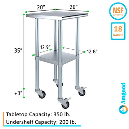 AmGood 20" Long x 20" Deep Stainless Steel Table with Casters - size: 20" Long x 20" Deep