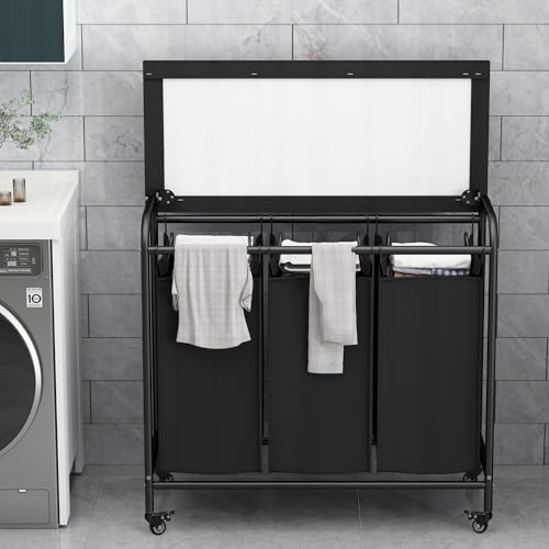 LINZINAR 3-Bag Laundry Hamper with Ironing Board, Black 135L Laundry Sorter | Laundry Room Organization with Heavy Duty Rolling Lockable Wheels and Removable Bag, Bedroom Laundry Cart for Clothes Storage - size: 3 Bags Black with Board