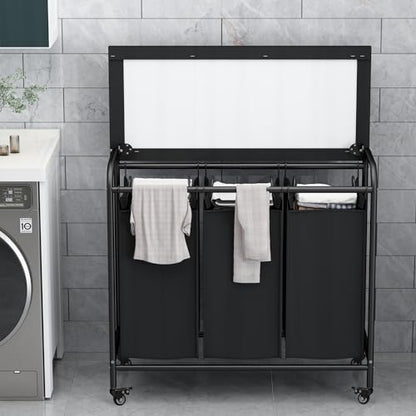 LINZINAR 3-Bag Laundry Hamper with Ironing Board, Black 135L Laundry Sorter | Laundry Room Organization with Heavy Duty Rolling Lockable Wheels and Removable Bag, Bedroom Laundry Cart for Clothes Storage - size: 3 Bags Black with Board