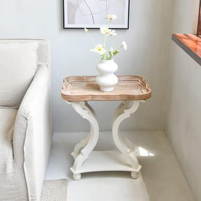 Kinfant Set of 2 Farmhouse Accent End Table with Natural Tray, Solid Wood Frame Rustic Side Table with Shelf, Nightstand for Dinning, Living Room, Bedroom - style: 2-pack-White and Wood