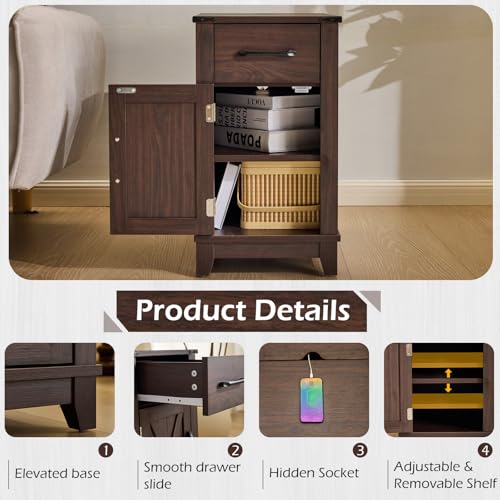 EROMMY Farmhouse End Table with Charging Station, Narrow Side Table for Living Room, Nightstand with Drawer and Storage Cabinet, Adjustable Shelf, Choco - color: Choco