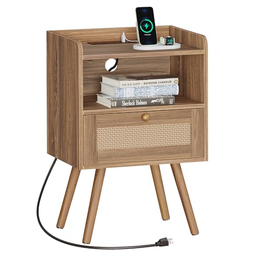 SUPERJARE Nightstand with Charging Station & Rattan-Like Decor Drawer, Rattan End Table with Solid Wood Feet, Bed Side Table with Open Storage, for Bedroom, Living Room, Dormitory, Walnut - color: Walnut, size: 11.8"D x 15.9"W x 23.4"H (1 Drawers)