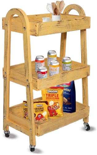 3-Tier Rolling Utility Cart with Lockable Wheels Storage Slim Storage Heavy Duty Cart Mobile Shelving Unit Craft Narrow Organizer for Bathroom Laundry Kitchen (Vintage Yellow) - style: Vintage yellow