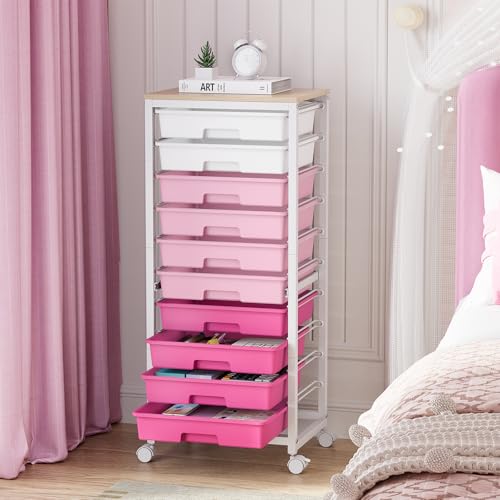 SYKIARIOL Rolling Cart with Drawers,10 Drawer Rolling Cart,Storage Cart,Utility Cart,Teacher Cart for Classroom Storage,Craft Cart with Wheels and Wooden Tabletop,Pink - color: Pink