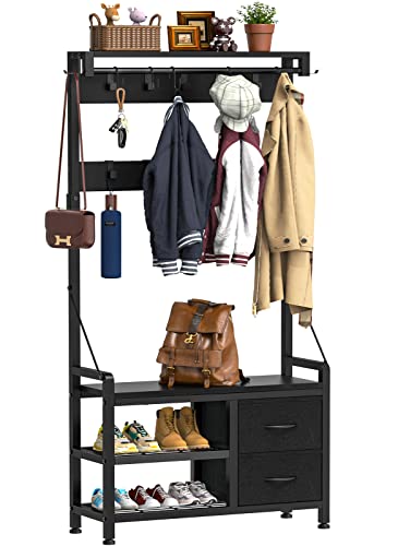 Lulive Hall Tree with Bench and Shoe Storage, 31.5” Coat Rack Freestanding | Black, 5 in 1 Intelligent Design, 17 Hooks, 2 Drawers, Handy Clothes Rail - color: Black, size: 11.8"D x 31.5"W x 70.9"H